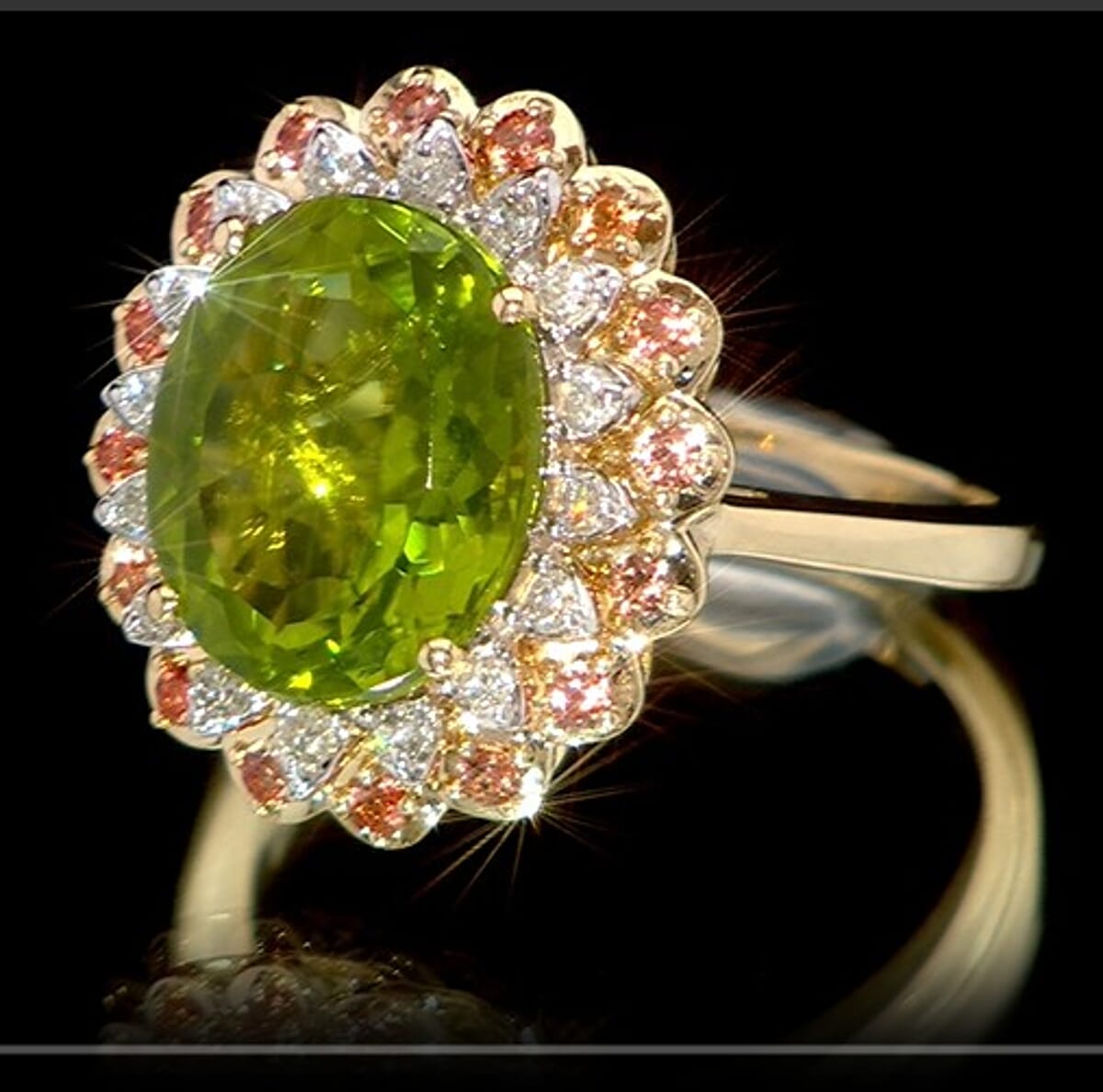AAA Peridot, Padparadscha Sapphire and G-H SI Luxuriant Lab Grown Diamond 6.03 ctw Ring in 10K Yellow Gold (Size 10.0) image number 2