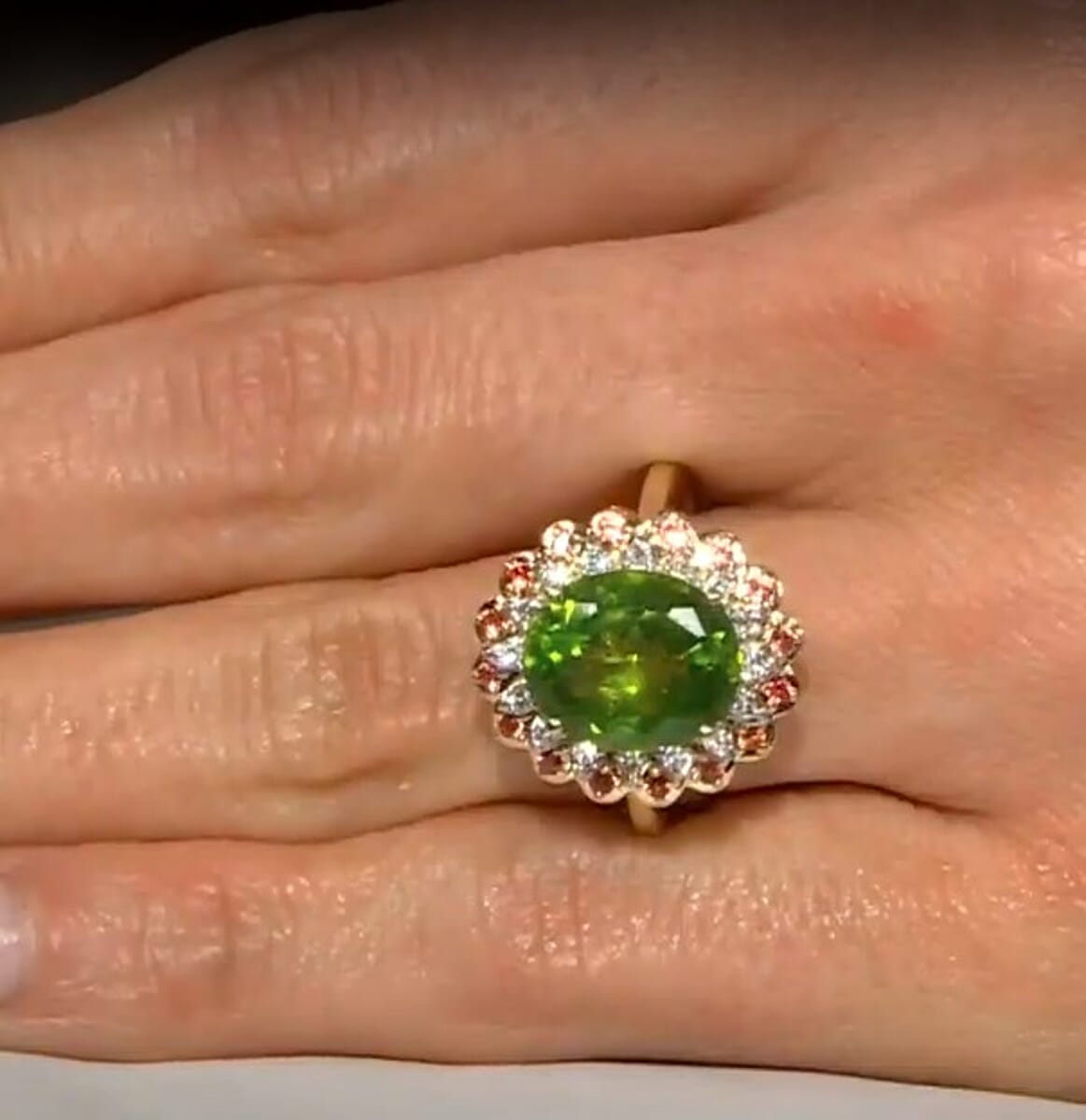 AAA Peridot, Padparadscha Sapphire and G-H SI Luxuriant Lab Grown Diamond 6.03 ctw Ring in 10K Yellow Gold (Size 10.0) image number 4
