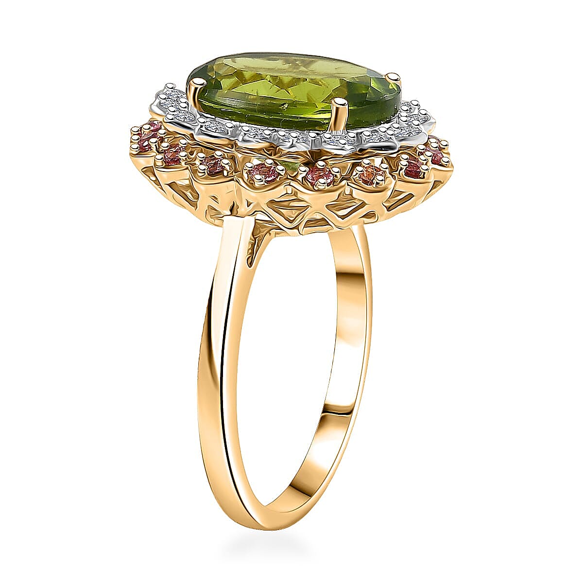 AAA Peridot, Padparadscha Sapphire and G-H SI Luxuriant Lab Grown Diamond 6.03 ctw Ring in 10K Yellow Gold (Size 10.5) image number 3