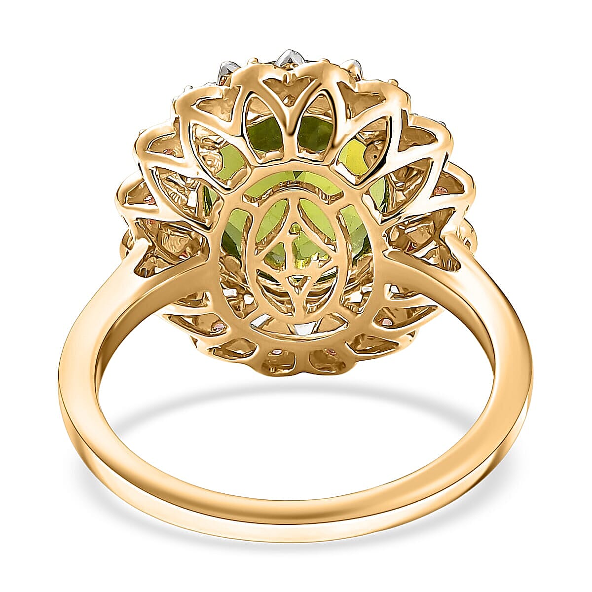AAA Peridot, Padparadscha Sapphire and G-H SI Luxuriant Lab Grown Diamond 6.03 ctw Ring in 10K Yellow Gold (Size 10.5) image number 4