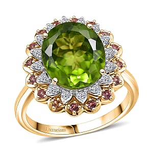 AAA Peridot, Padparadscha Sapphire and G-H SI Luxuriant Lab Grown Diamond 6.03 ctw Ring in 10K Yellow Gold (Size 6.0)
