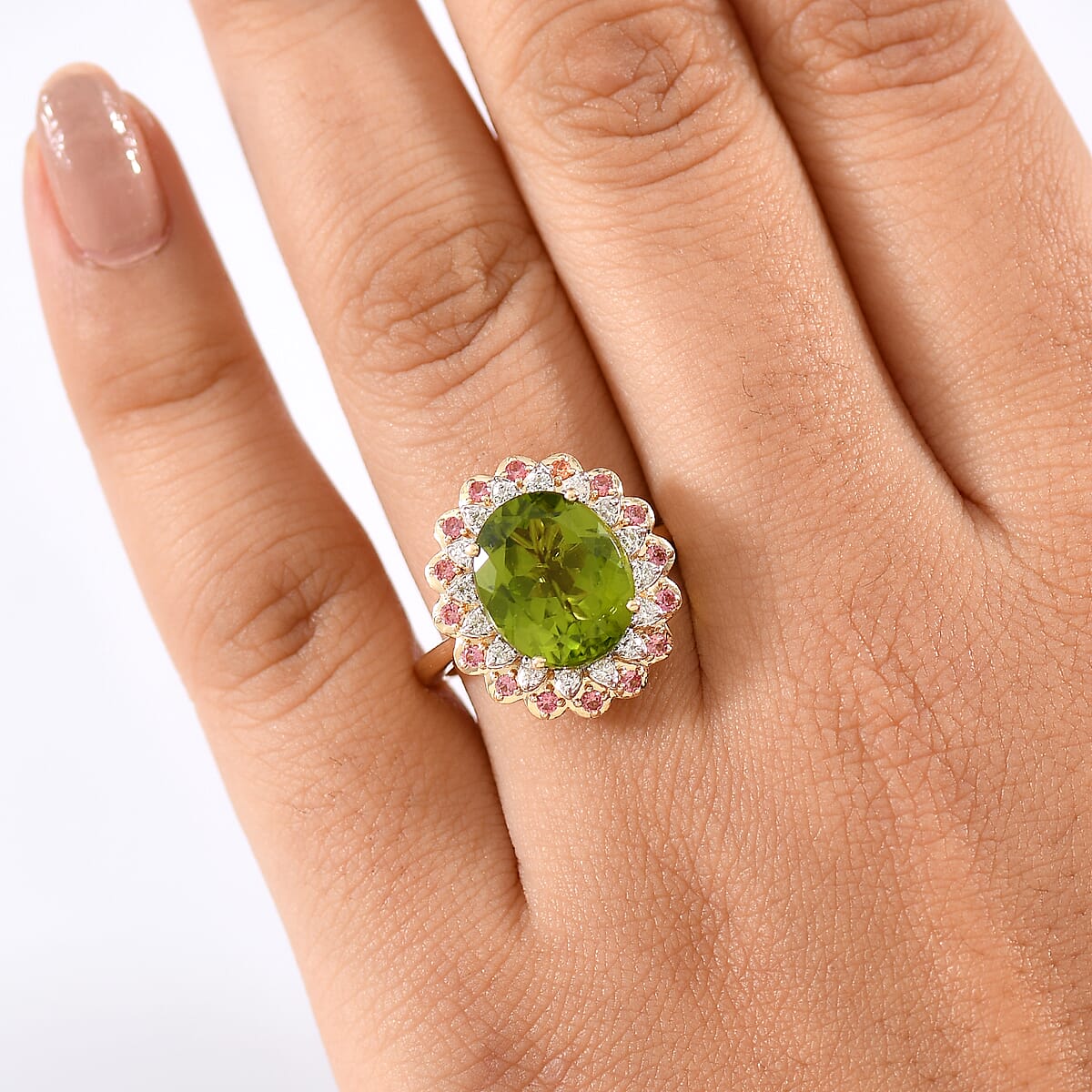 AAA Peridot, Padparadscha Sapphire and G-H SI Luxuriant Lab Grown Diamond 6.03 ctw Ring in 10K Yellow Gold (Size 6.0) image number 2