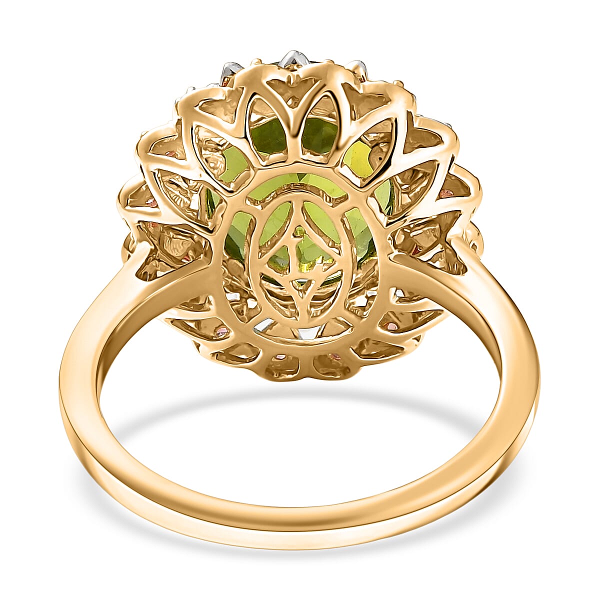 AAA Peridot, Padparadscha Sapphire and G-H SI Luxuriant Lab Grown Diamond 6.03 ctw Ring in 10K Yellow Gold (Size 6.0) image number 4