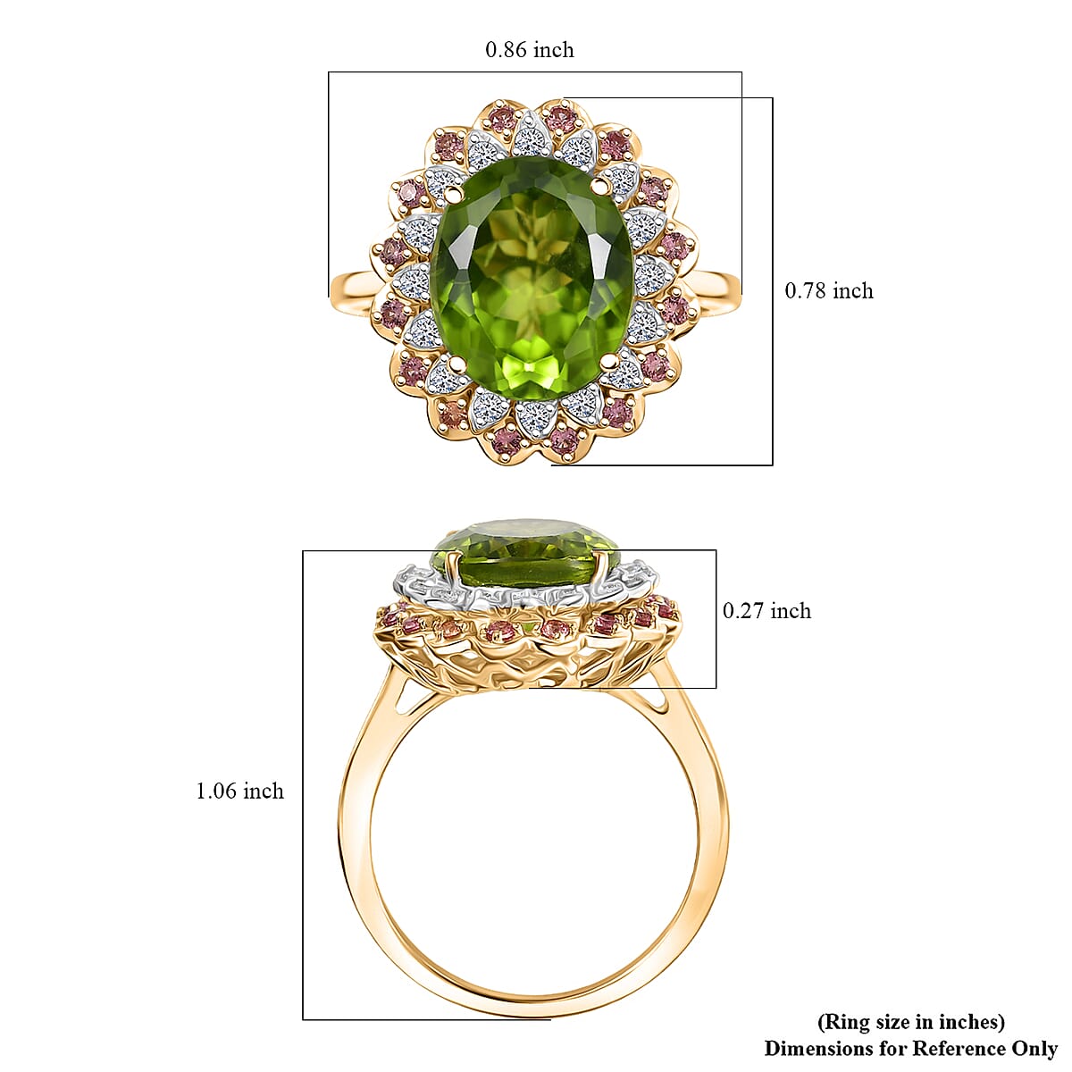 AAA Peridot, Padparadscha Sapphire and G-H SI Luxuriant Lab Grown Diamond 6.03 ctw Ring in 10K Yellow Gold (Size 6.0) image number 5