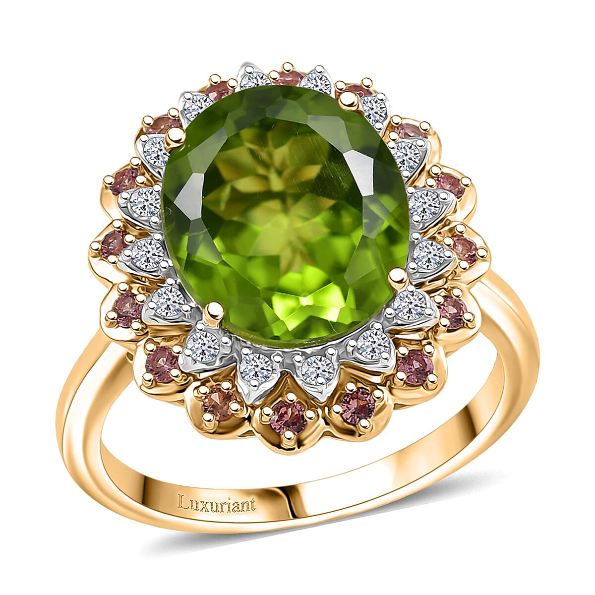 AAA Peridot, Padparadscha Sapphire and G-H SI Luxuriant Lab Grown Diamond 6.03 ctw Ring in 10K Yellow Gold (Size 7.0) image number 0