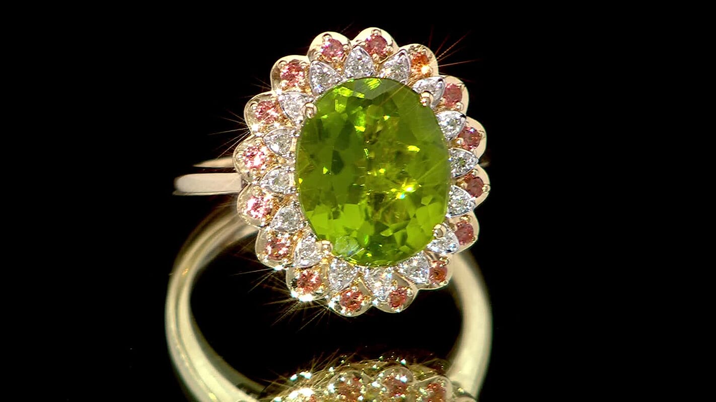 10K Yellow Gold AAA Peridot, Padparadscha Sapphire and Luxuriant Lab Grown Diamond (G-H, SI) Ring (Size 10.0) 6.03 ctw