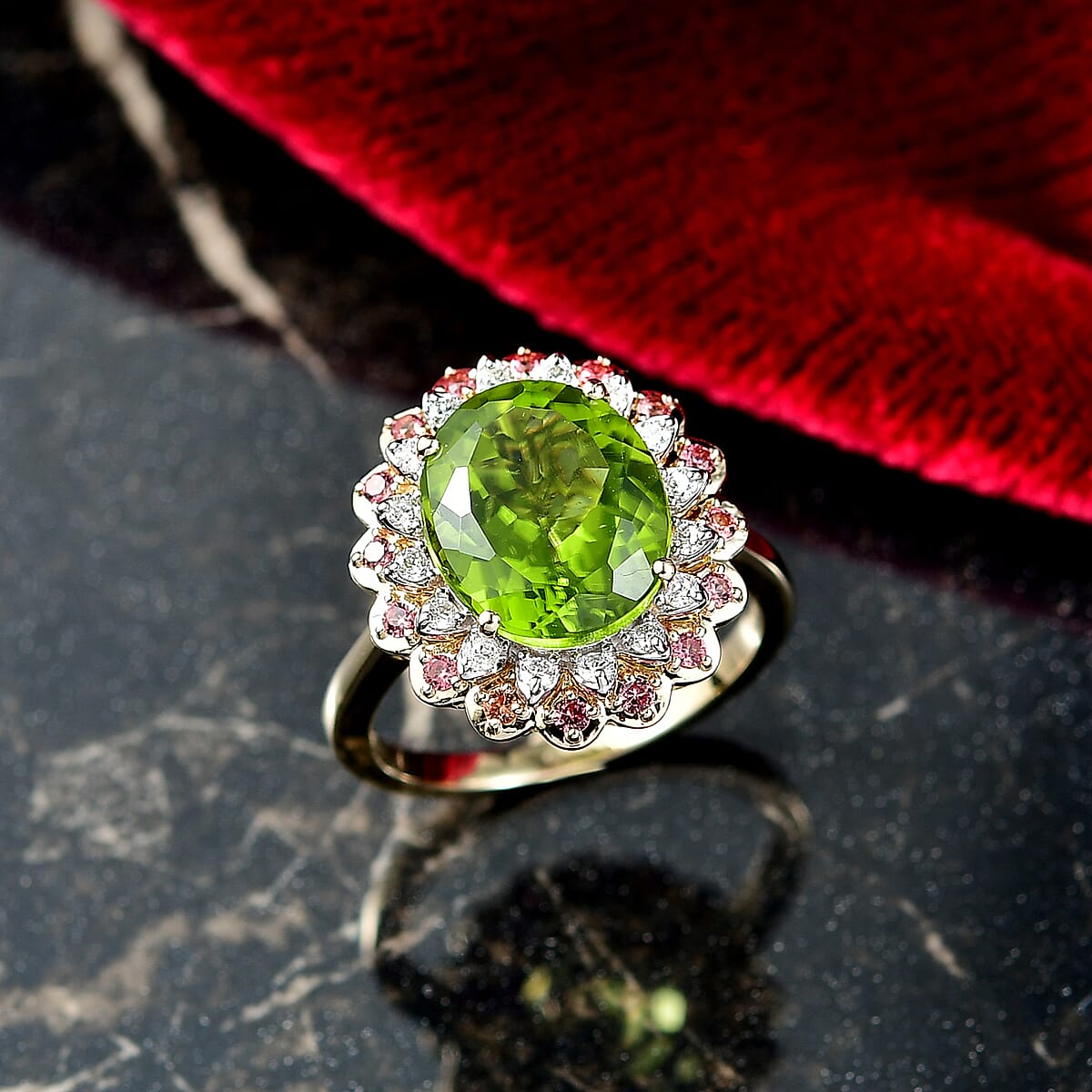 AAA Peridot, Padparadscha Sapphire and G-H SI Luxuriant Lab Grown Diamond 6.03 ctw Ring in 10K Yellow Gold (Size 7.0) image number 1