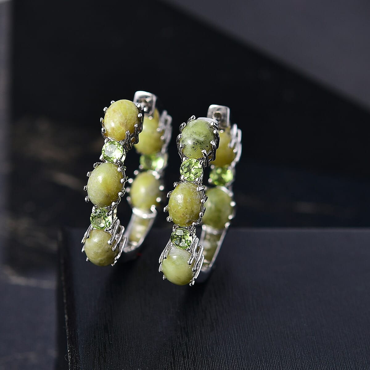 EverTrue Connemara Marble and Peridot 15.10 ctw Hoop Earrings in Platinum Bond image number 1