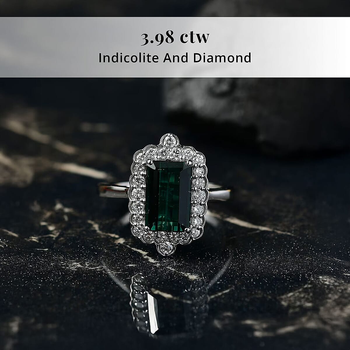 Certified & Appraised Rhapsody AAAA Monte Belo Indicolite and E-F VS Diamond 3.98 ctw Ring in 950 Platinum (Size 10.0) 7.24 Grams image number 2