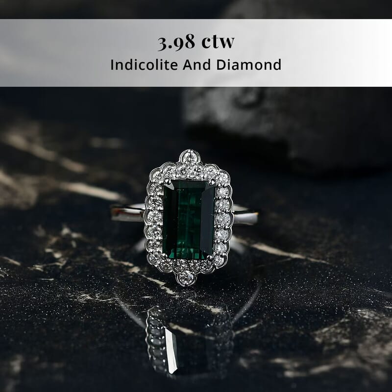 Certified & Appraised Rhapsody AAAA Monte Belo Indicolite and E-F VS Diamond 3.98 ctw Ring in 950 Platinum (Size 10.0) 7.24 Grams