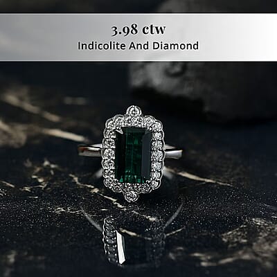Certified & Appraised Rhapsody AAAA Monte Belo Indicolite and E-F VS Diamond 3.98 ctw Ring in 950 Platinum (Size 12.0) 7.24 Grams