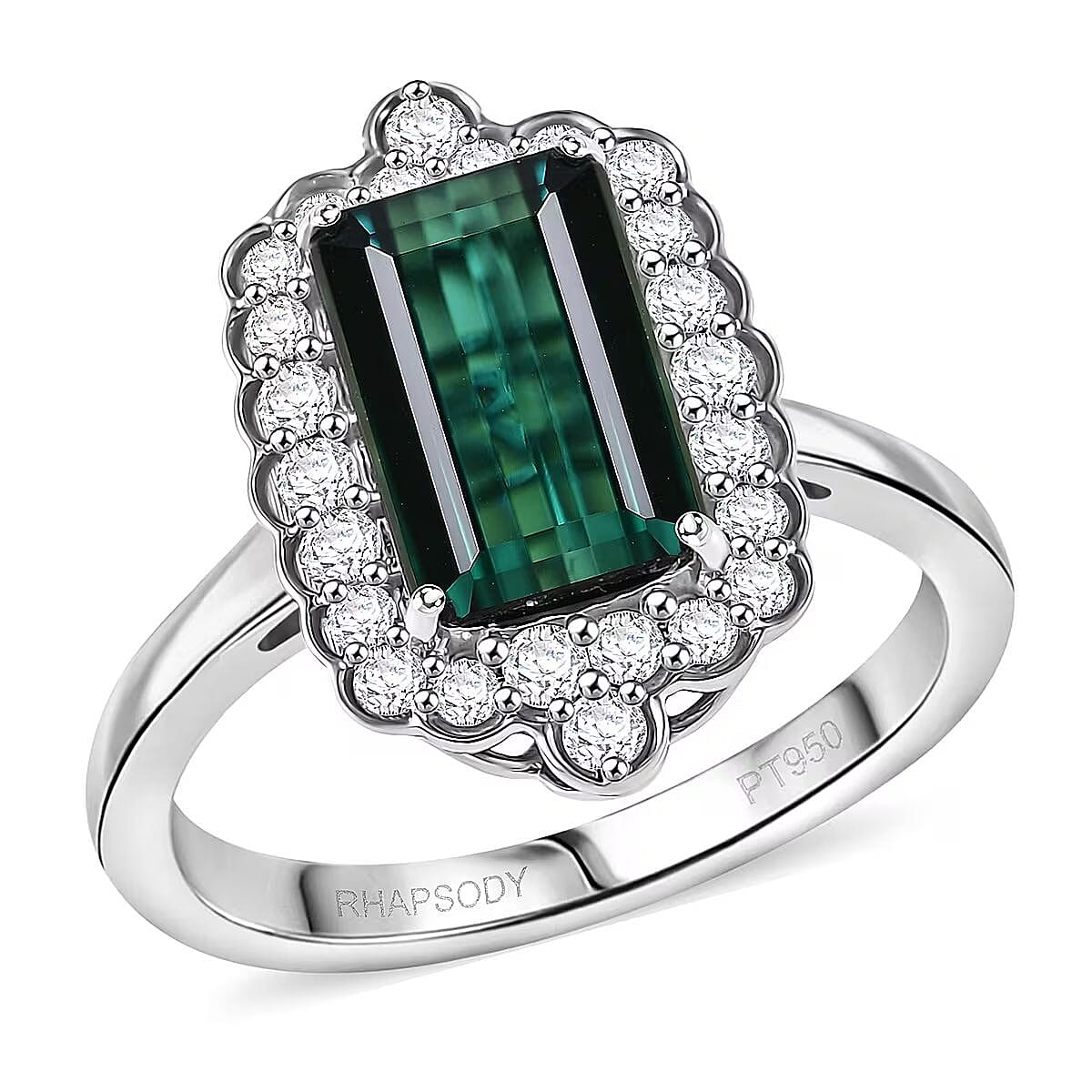 Certified & Appraised Rhapsody AAAA Monte Belo Indicolite and E-F VS Diamond 3.98 ctw Ring in 950 Platinum (Size 7.0) 7.24 Grams image number 0