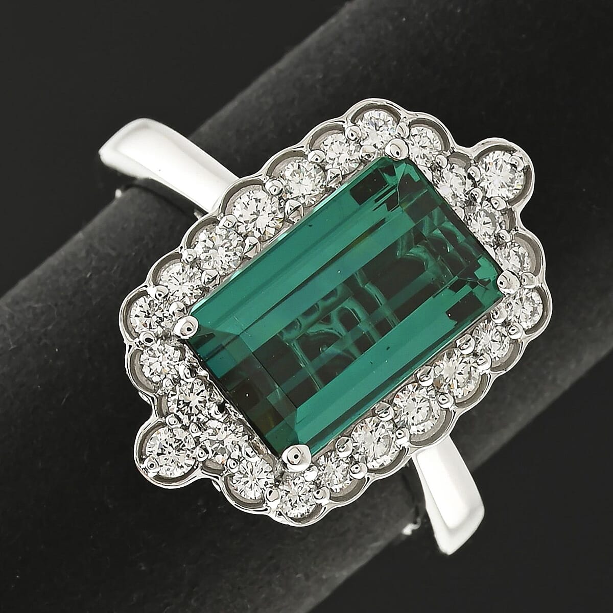 Certified & Appraised Rhapsody AAAA Monte Belo Indicolite and E-F VS Diamond 3.98 ctw Ring in 950 Platinum (Size 7.0) 7.24 Grams image number 1