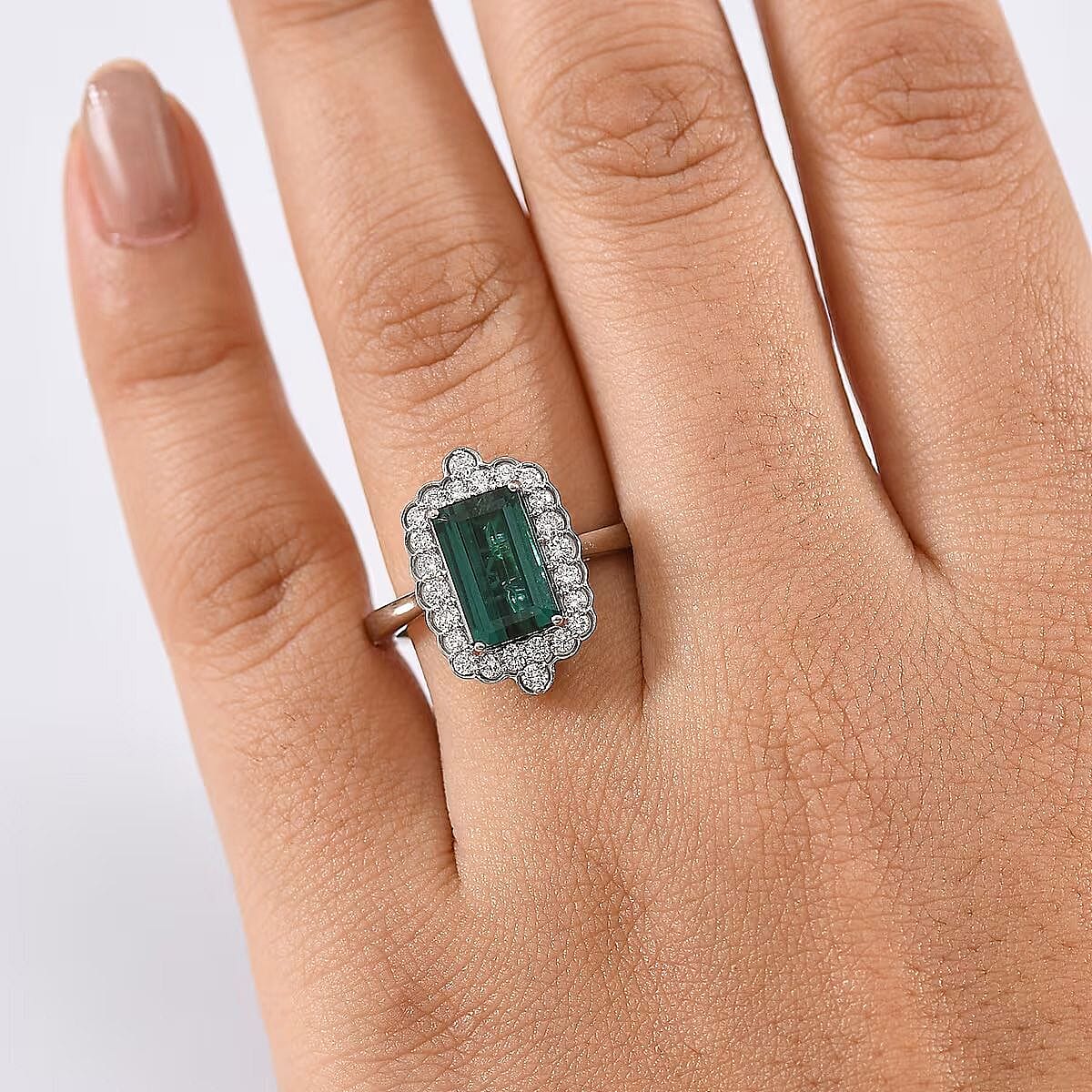 Certified & Appraised Rhapsody AAAA Monte Belo Indicolite and E-F VS Diamond 3.98 ctw Ring in 950 Platinum (Size 7.0) 7.24 Grams image number 2