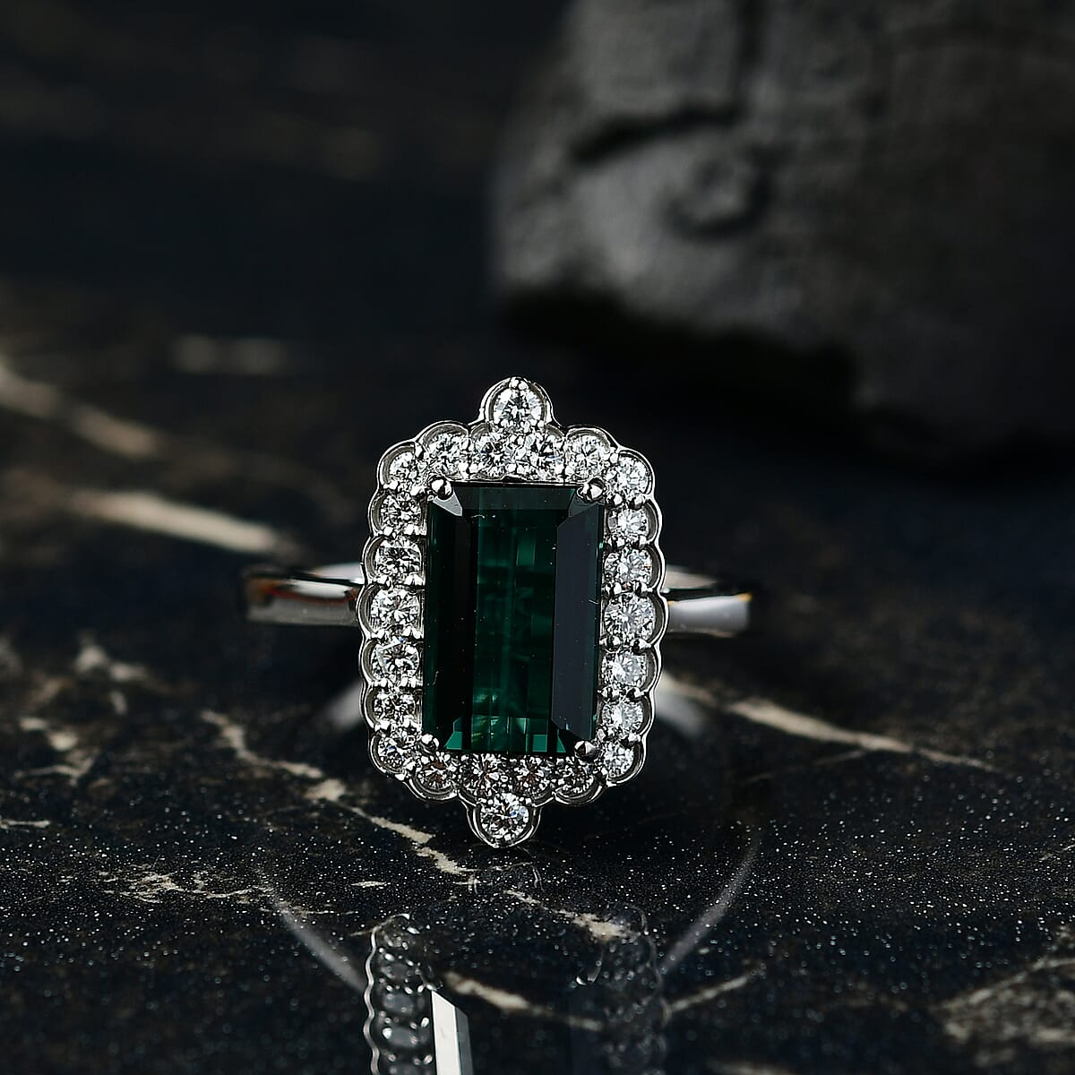 Certified & Appraised Rhapsody AAAA Monte Belo Indicolite and E-F VS Diamond 3.98 ctw Ring in 950 Platinum (Size 8.0) 7.24 Grams image number 1