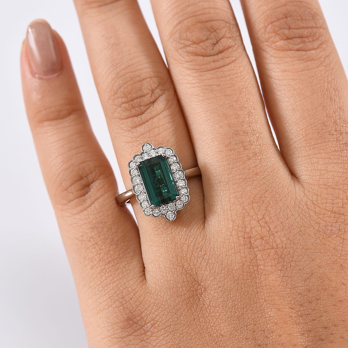 Certified & Appraised Rhapsody AAAA Monte Belo Indicolite and E-F VS Diamond 3.98 ctw Ring in 950 Platinum (Size 8.0) 7.24 Grams image number 2