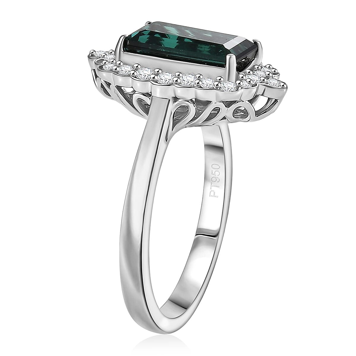 Certified & Appraised Rhapsody AAAA Monte Belo Indicolite and E-F VS Diamond 3.98 ctw Ring in 950 Platinum (Size 8.0) 7.24 Grams image number 3