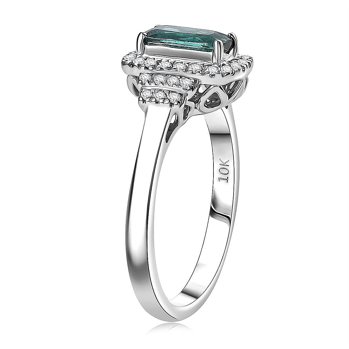 Certified & Appraised Luxoro AAA Monte Belo Indicolite and G-H I2 Diamond 1.11 ctw Ring in 10K White Gold (Size 10.0) image number 2