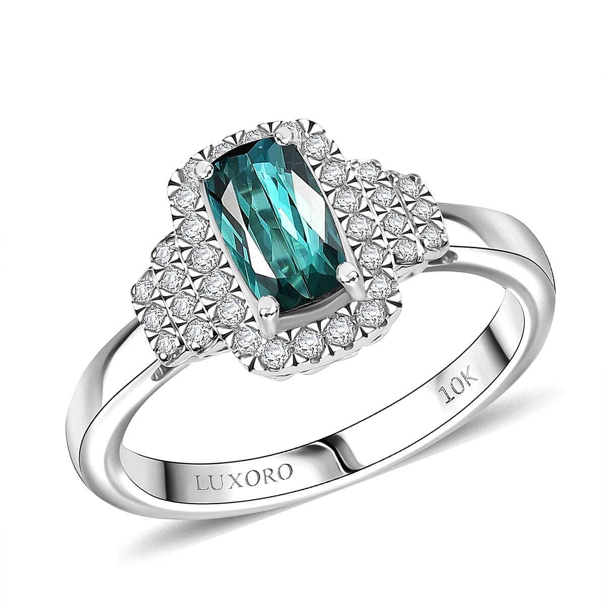 Certified & Appraised Luxoro AAA Monte Belo Indicolite and G-H I2 Diamond 1.27 ctw Ring in 10K White Gold (Size 8.0) image number 0