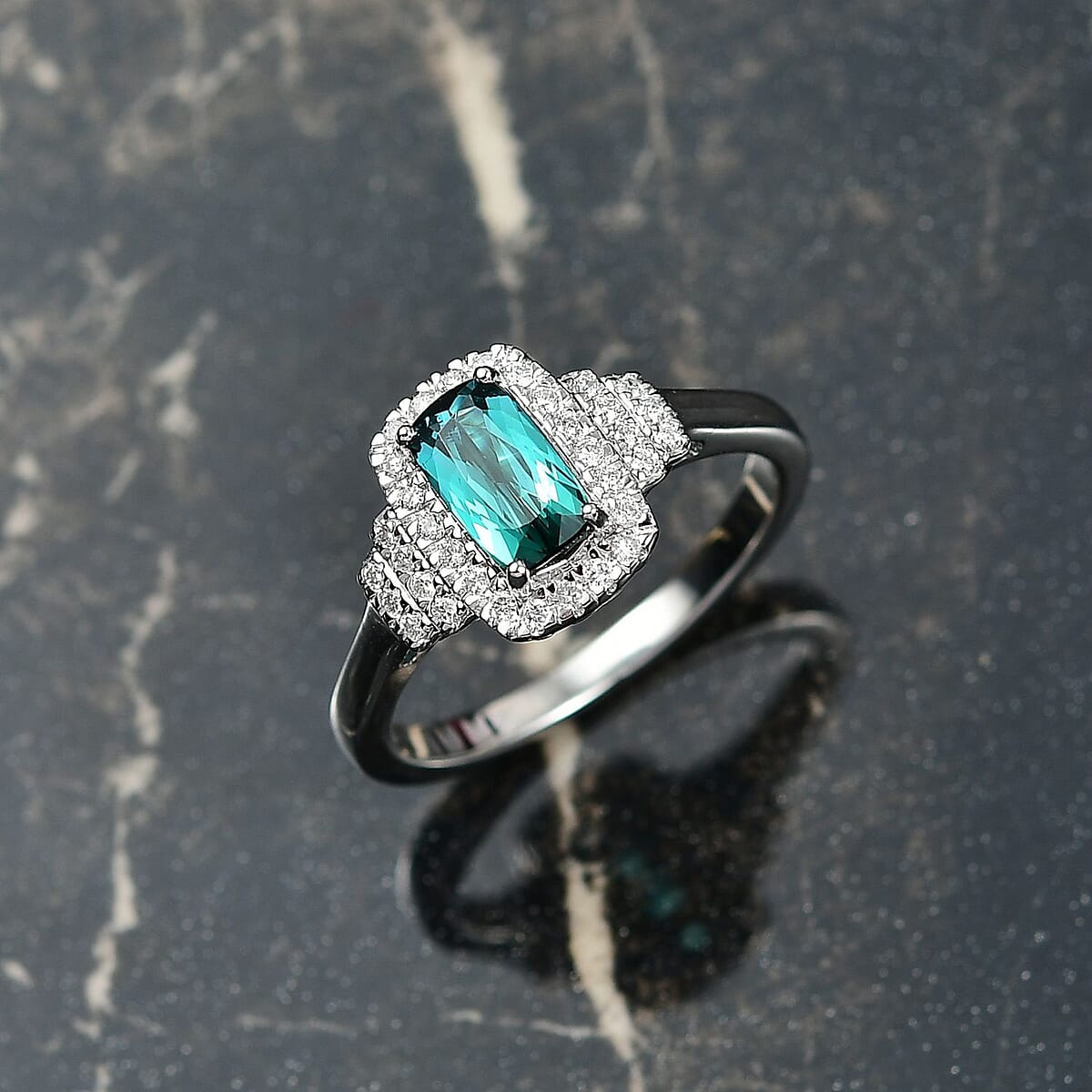 Certified & Appraised Luxoro AAA Monte Belo Indicolite and G-H I2 Diamond 1.27 ctw Ring in 10K White Gold (Size 8.0) image number 1