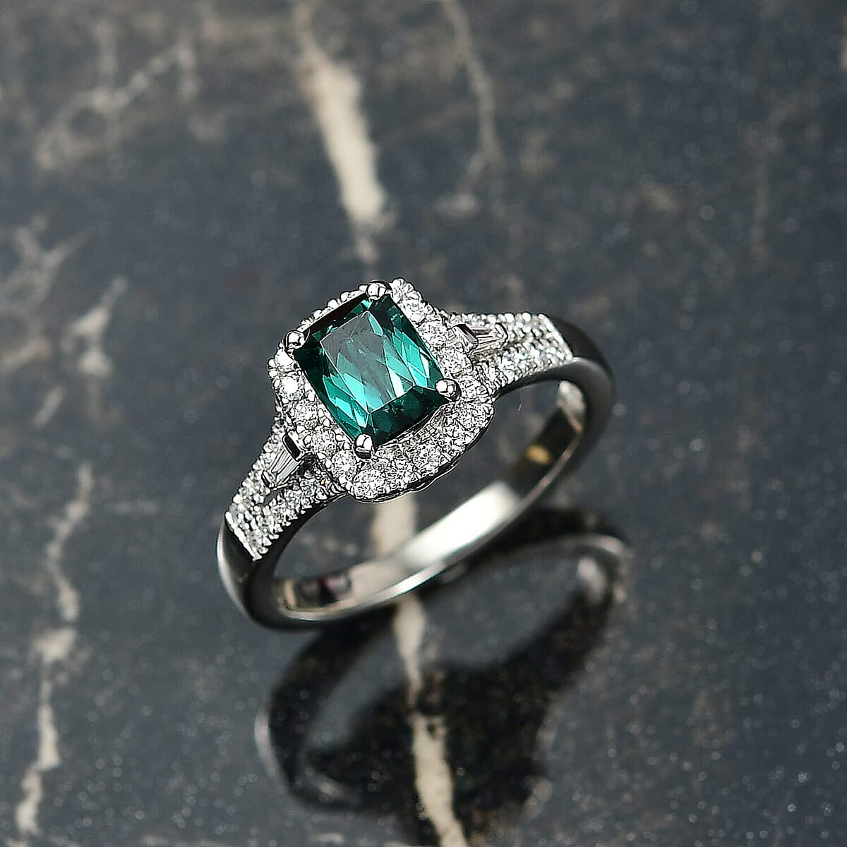 Certified & Appraised Rhapsody AAAA Monte Belo Indicolite and E-F VS Diamond 1.54 ctw Ring in 950 Platinum (Size 5.5) 5.70 Grams image number 1