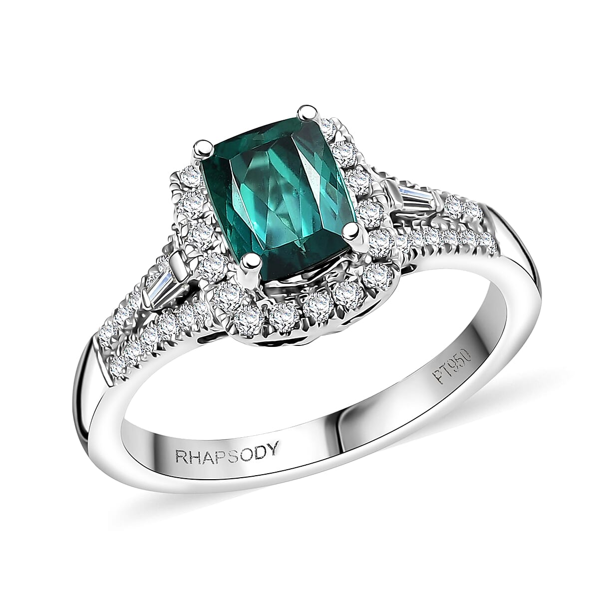 Certified & Appraised Rhapsody AAAA Monte Belo Indicolite and E-F VS Diamond 1.54 ctw Ring in 950 Platinum (Size 6.0) 5.70 Grams image number 0