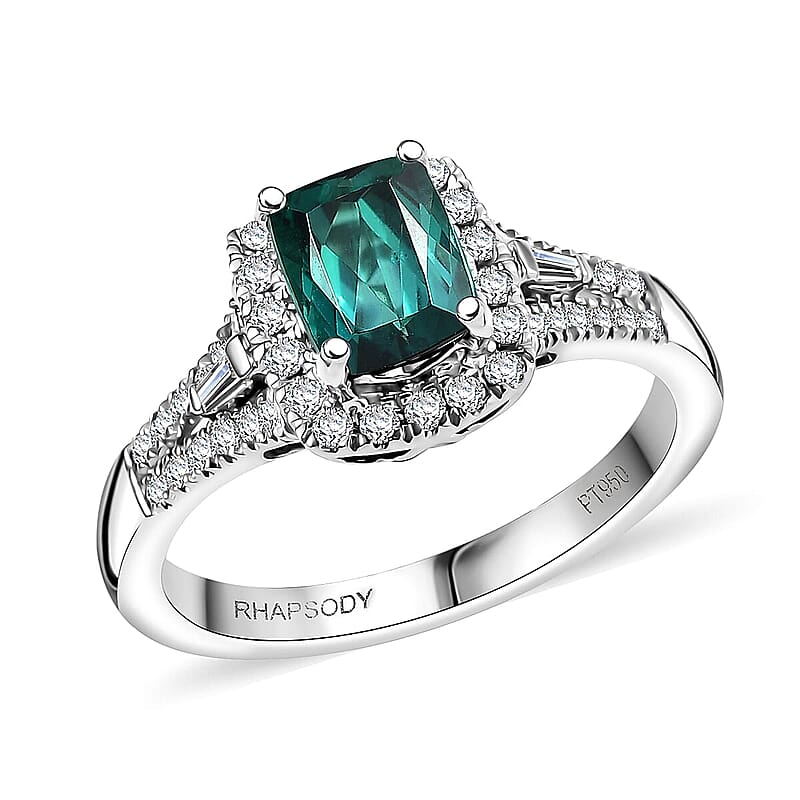 Certified & Appraised Rhapsody AAAA Monte Belo Indicolite and E-F VS Diamond 1.54 ctw Ring in 950 Platinum (Size 7.5) 5.70 Grams