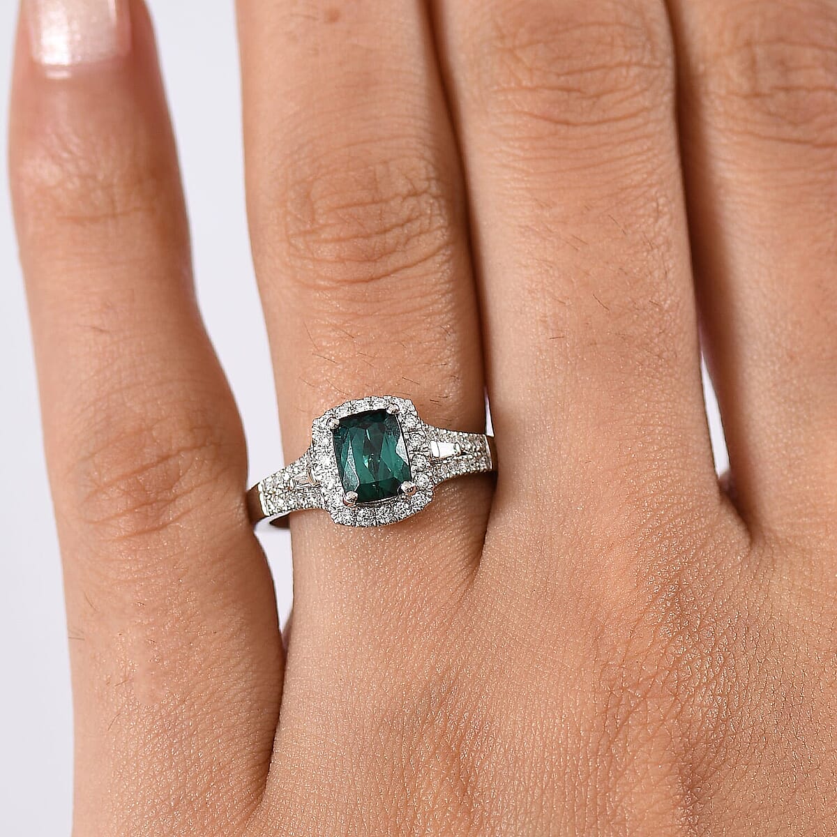 Certified & Appraised Rhapsody AAAA Monte Belo Indicolite and E-F VS Diamond 1.54 ctw Ring in 950 Platinum (Size 7.5) 5.70 Grams image number 2