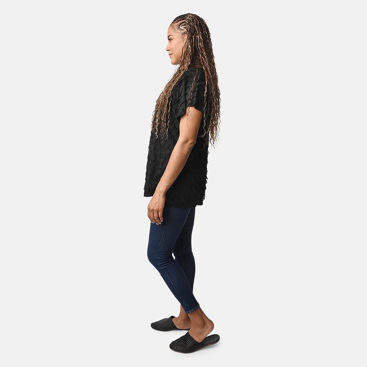 BRITANY BLACK Black Stretch Tiered Ruffle Short Sleeve Top - S image number 2