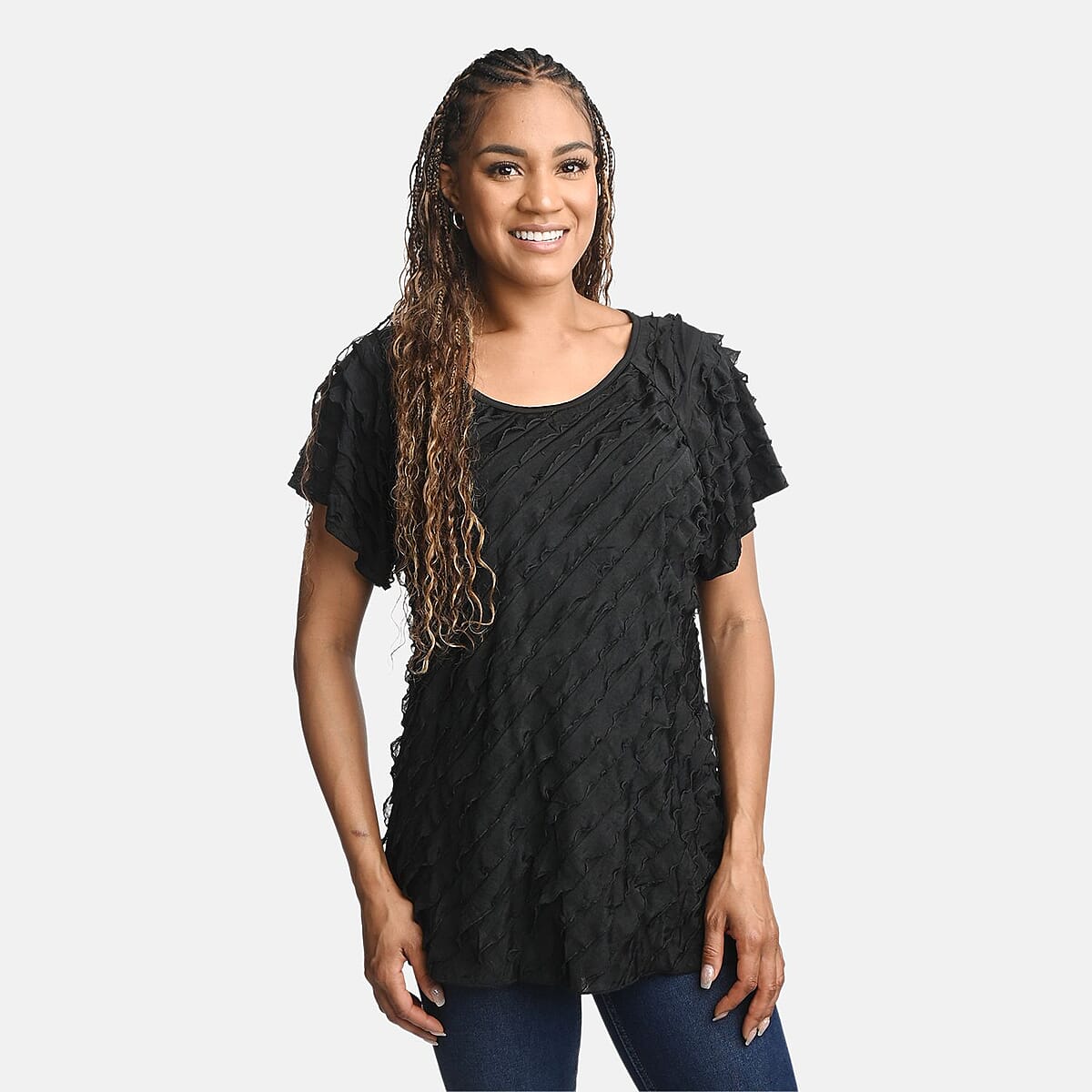 BRITANY BLACK Black Stretch Tiered Ruffle Short Sleeve Top - S image number 3