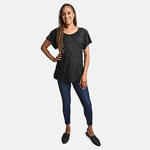 BRITANY BLACK Black Stretch Tiered Ruffle Short Sleeve Top - M