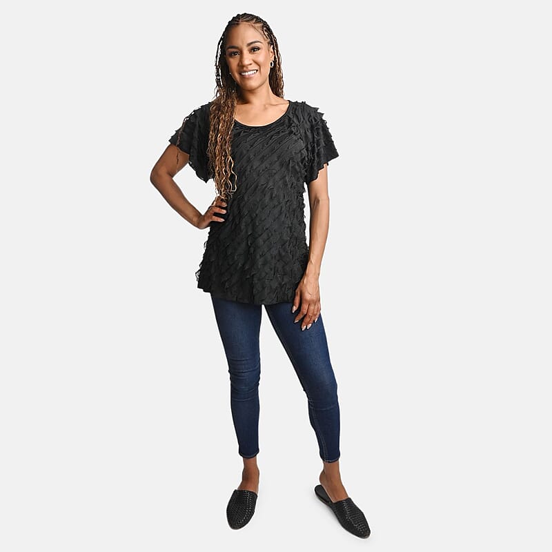 BRITANY BLACK Black Stretch Tiered Ruffle Short Sleeve Top - M