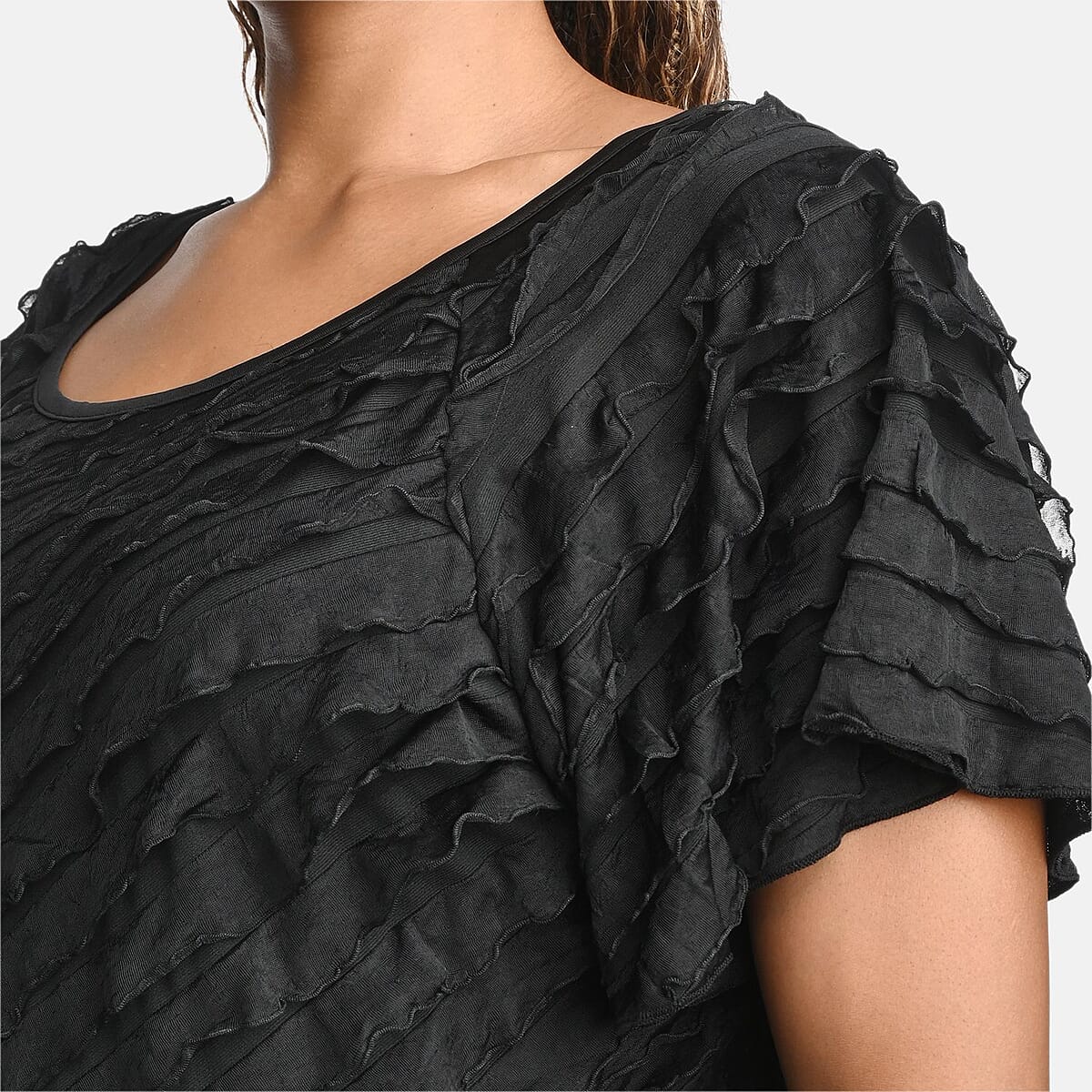 BRITANY BLACK Black Stretch Tiered Ruffle Short Sleeve Top - L image number 4