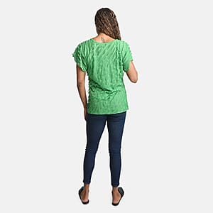 BRITANY BLACK Green Stretch Tiered Ruffle Short Sleeve Top - L