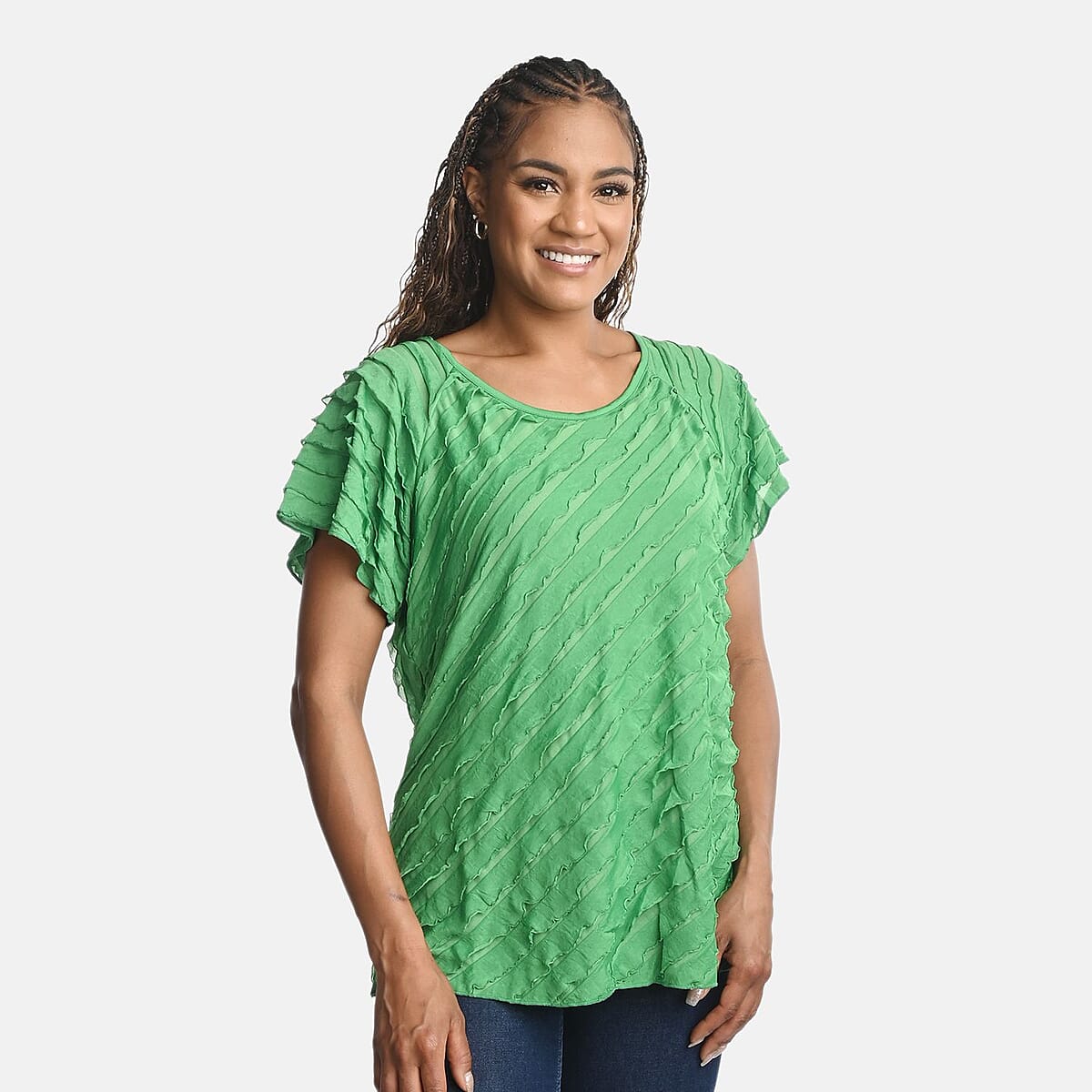 BRITANY BLACK Green Stretch Tiered Ruffle Short Sleeve Top - S image number 3