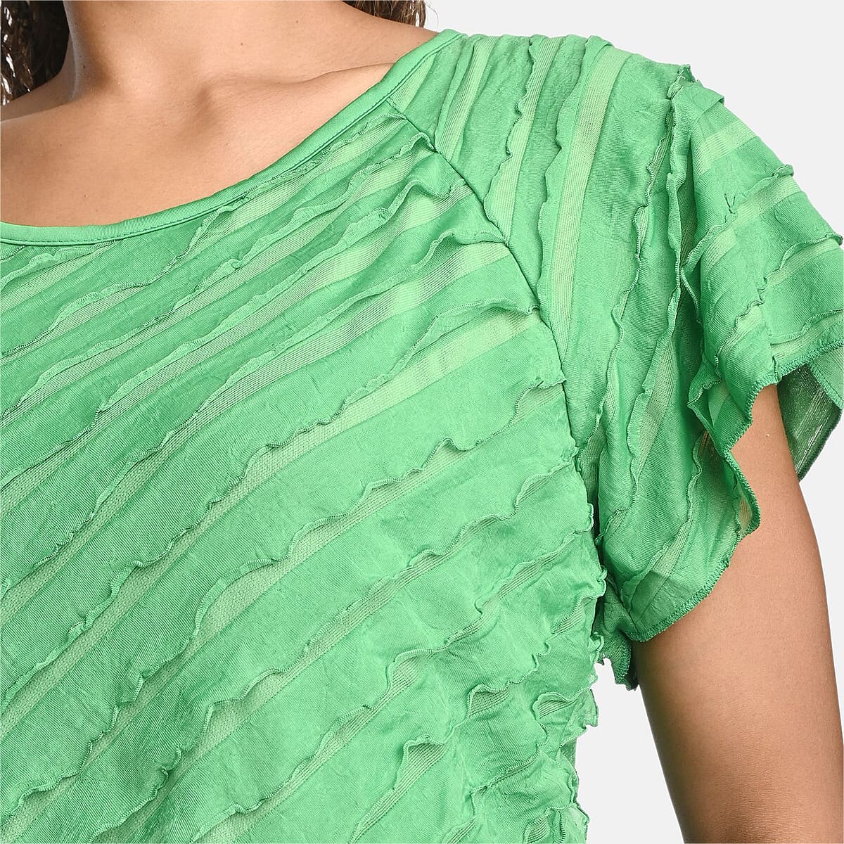 BRITANY BLACK Green Stretch Tiered Ruffle Short Sleeve Top - S image number 4