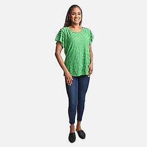 BRITANY BLACK Green Stretch Tiered Ruffle Short Sleeve Top - XL