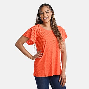 BRITANY BLACK Orange Stretch Tiered Ruffle Short Sleeve Top - L