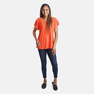 BRITANY BLACK Orange Stretch Tiered Ruffle Short Sleeve Top - M