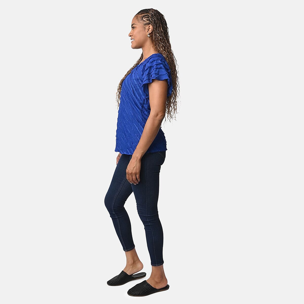 BRITANY BLACK Blue Stretch Tiered Ruffle Short Sleeve Top - L image number 2