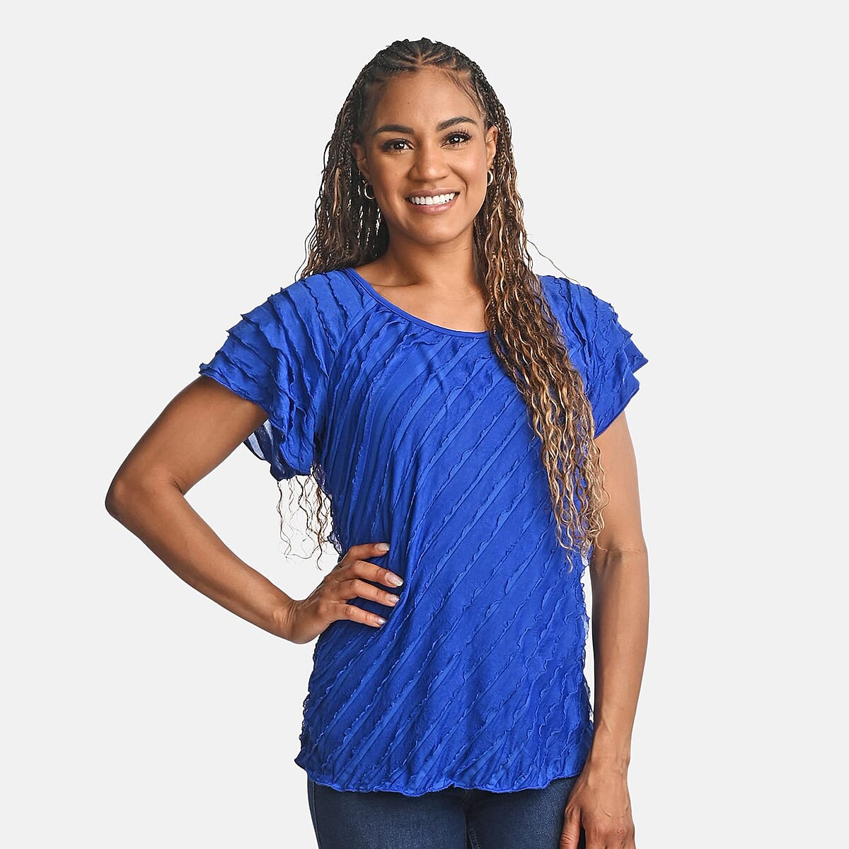 BRITANY BLACK Blue Stretch Tiered Ruffle Short Sleeve Top - 2X image number 3
