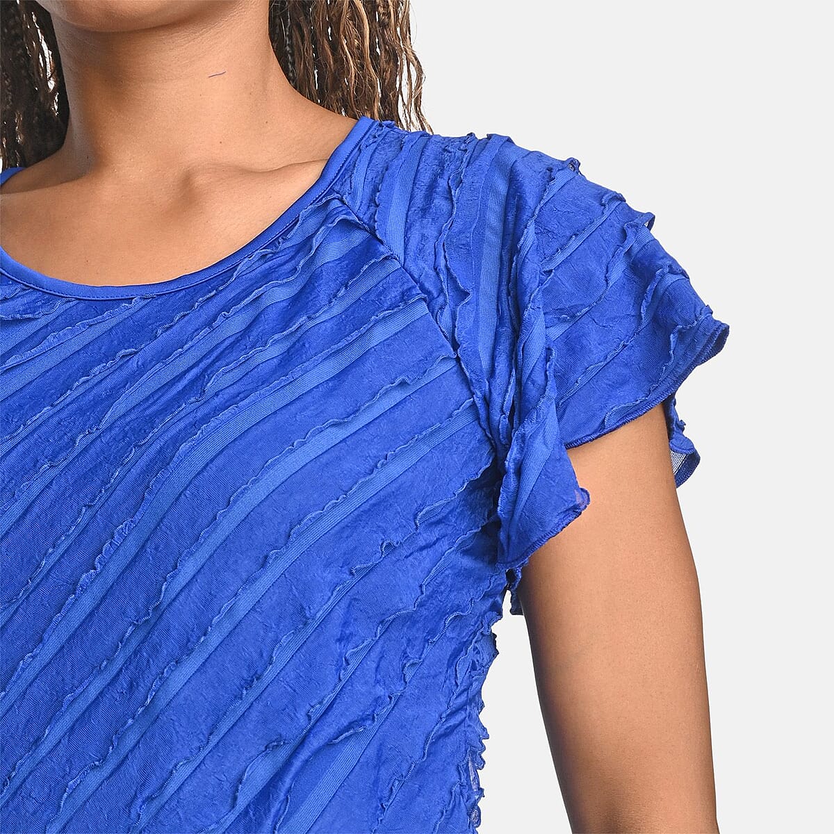 BRITANY BLACK Blue Stretch Tiered Ruffle Short Sleeve Top - 3X image number 4