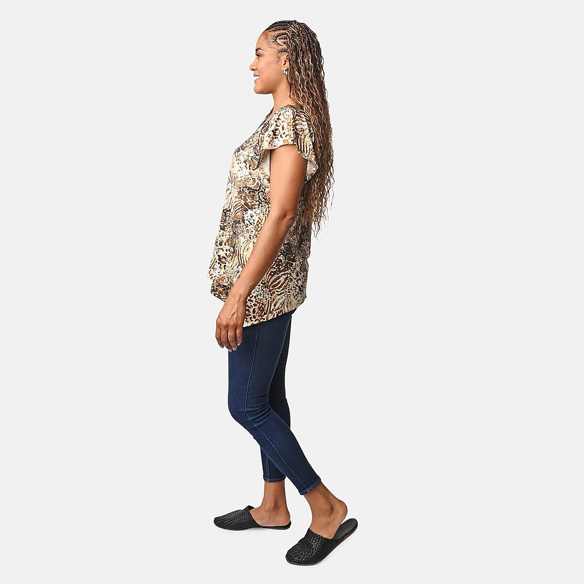 BRITANY BLACK Brown Animal Stretch Flutter Sleeve Blouse with Sequin - L image number 2