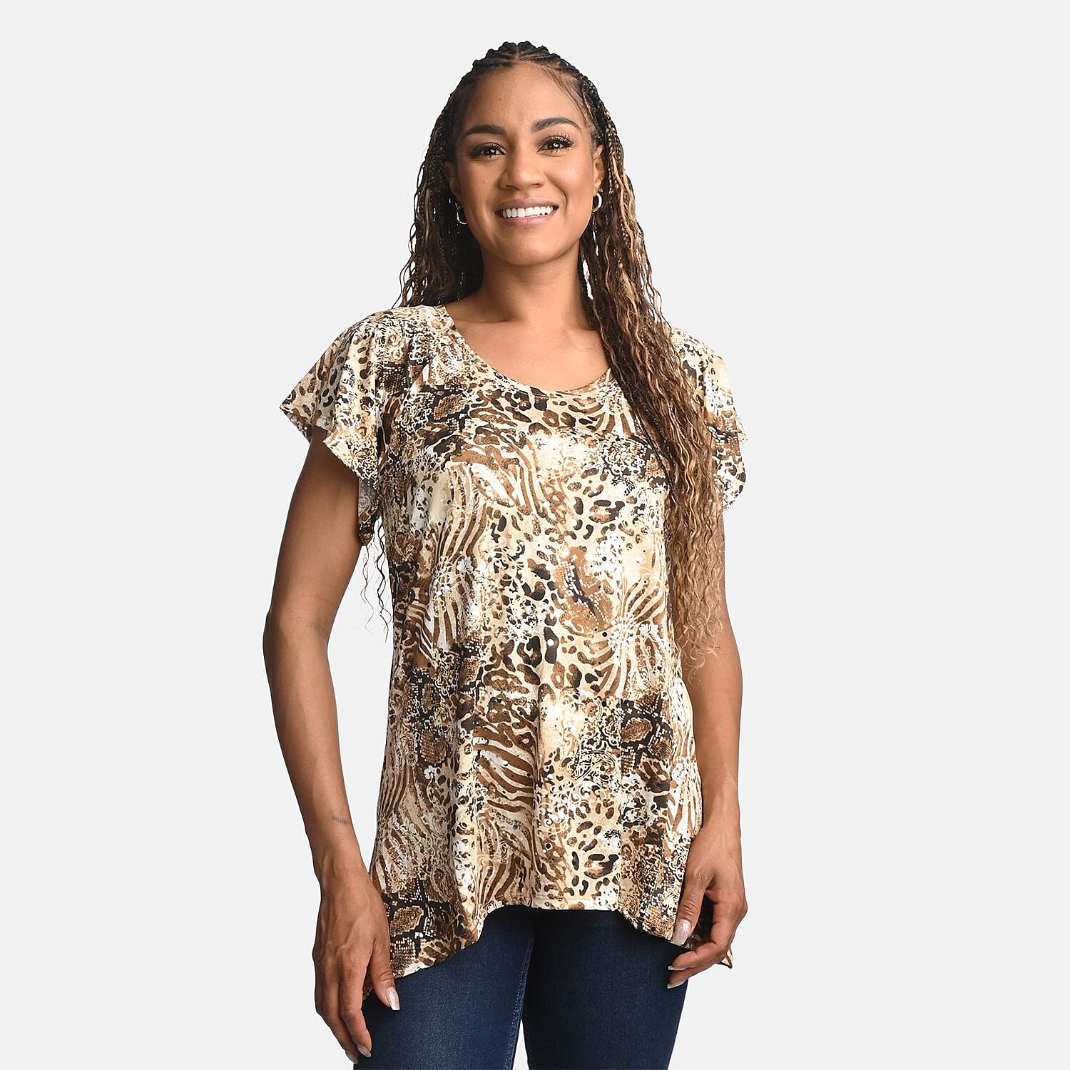 BRITANY BLACK Brown Animal Stretch Flutter Sleeve Blouse with Sequin - L