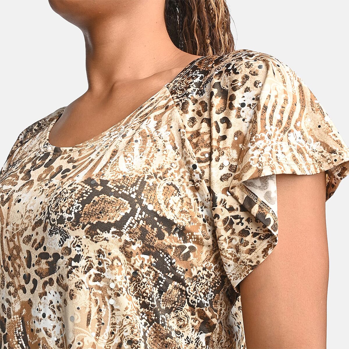 BRITANY BLACK Brown Animal Stretch Flutter Sleeve Blouse with Sequin - M image number 4