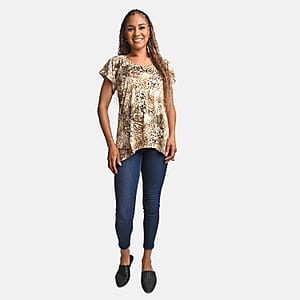 BRITANY BLACK Brown Animal Stretch Flutter Sleeve Blouse with Sequin - S
