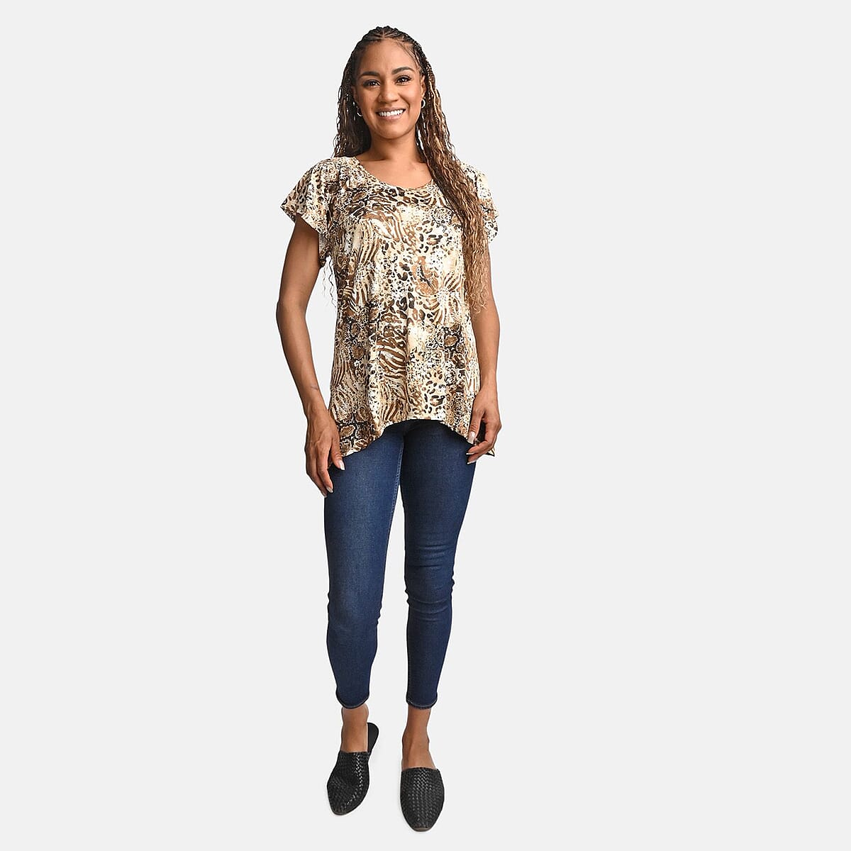 BRITANY BLACK Brown Animal Stretch Flutter Sleeve Blouse with Sequin - 2X image number 0