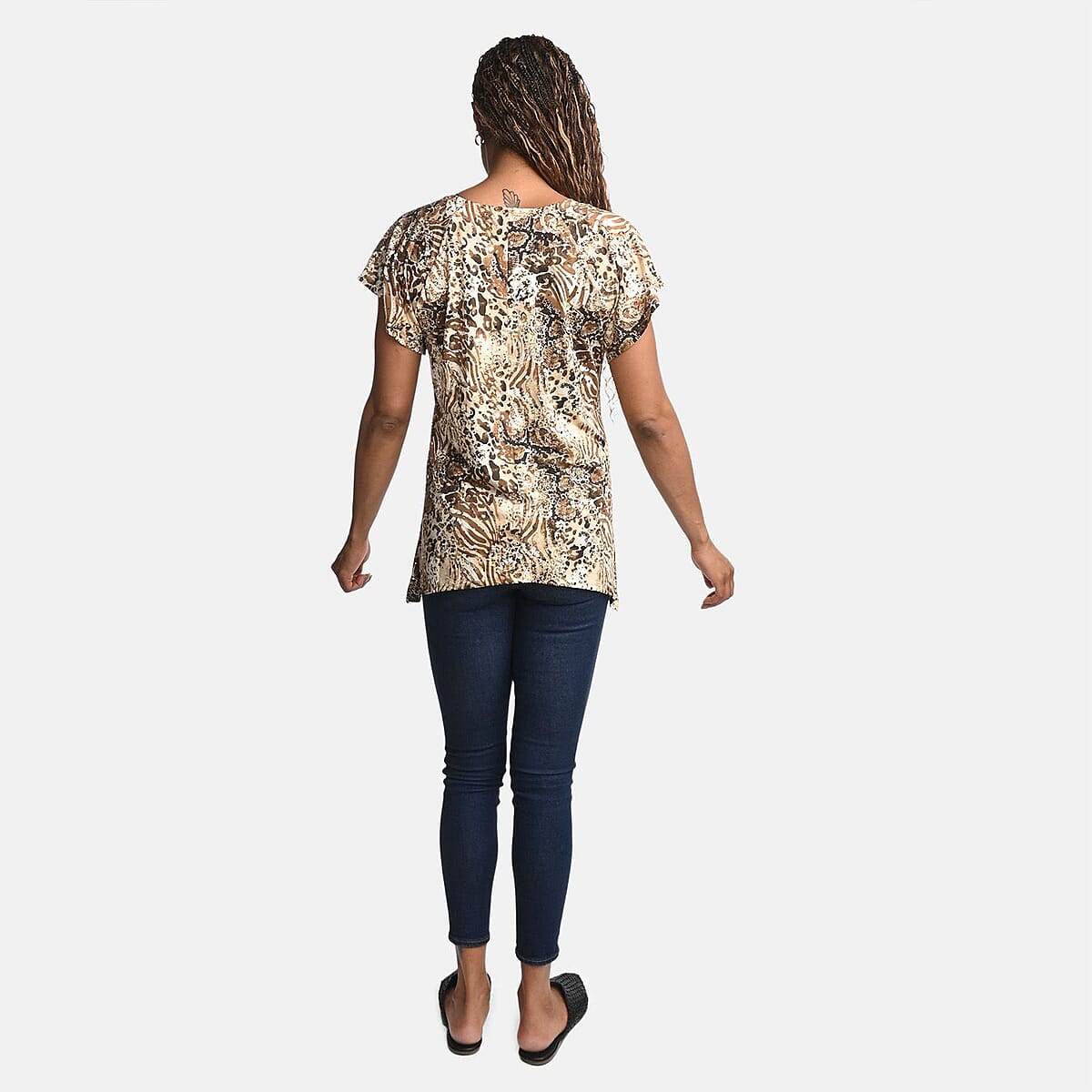 BRITANY BLACK Brown Animal Stretch Flutter Sleeve Blouse with Sequin - 2X image number 1