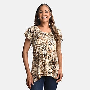 BRITANY BLACK Brown Animal Stretch Flutter Sleeve Blouse with Sequin - 3X