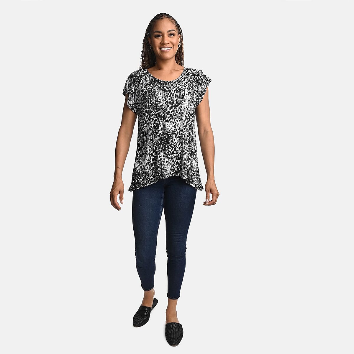 BRITANY BLACK Black Animal Stretch Flutter Sleeve Blouse with Sequin - L image number 0